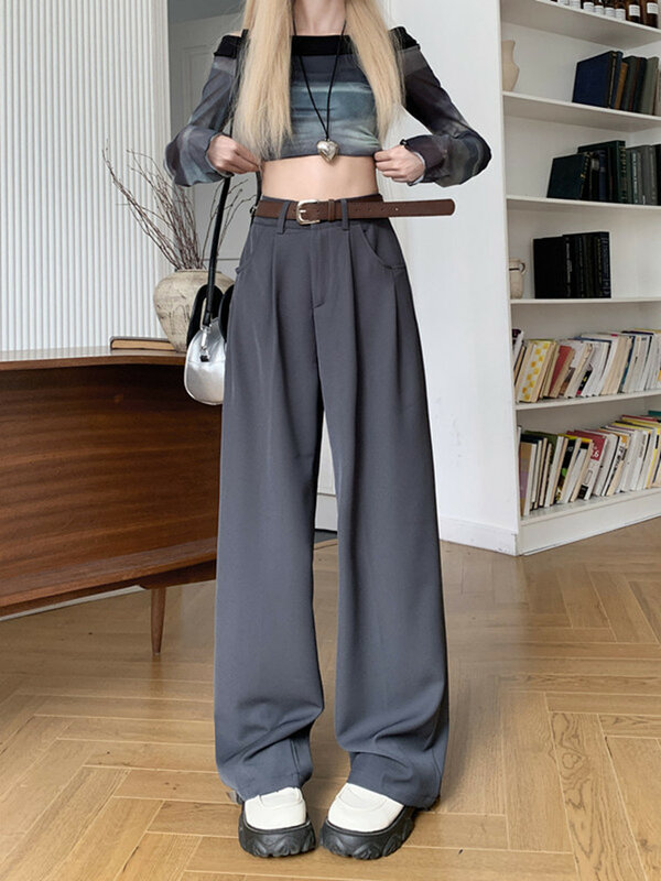 Pantalones de traje drapeados grises para mujer, pantalones casuales sueltos de cintura alta con Pantalones rectos de pierna ancha, otoño