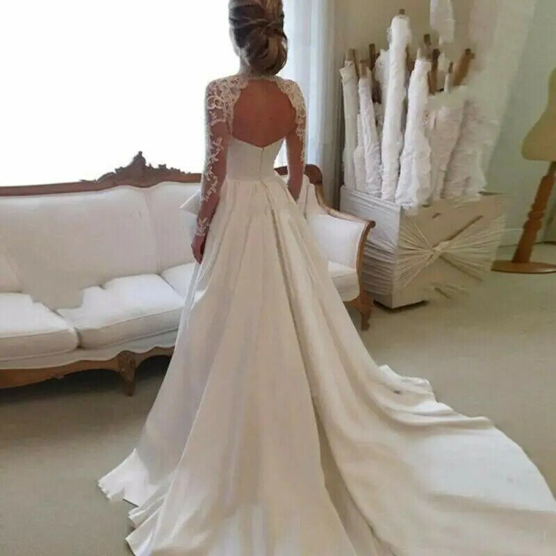 Long Sleeves Vintage Wedding Dresses 2022 Sweep Train Vestido De Novia Lace Satin Open Back 2022 Custom Made Robe De Mariee