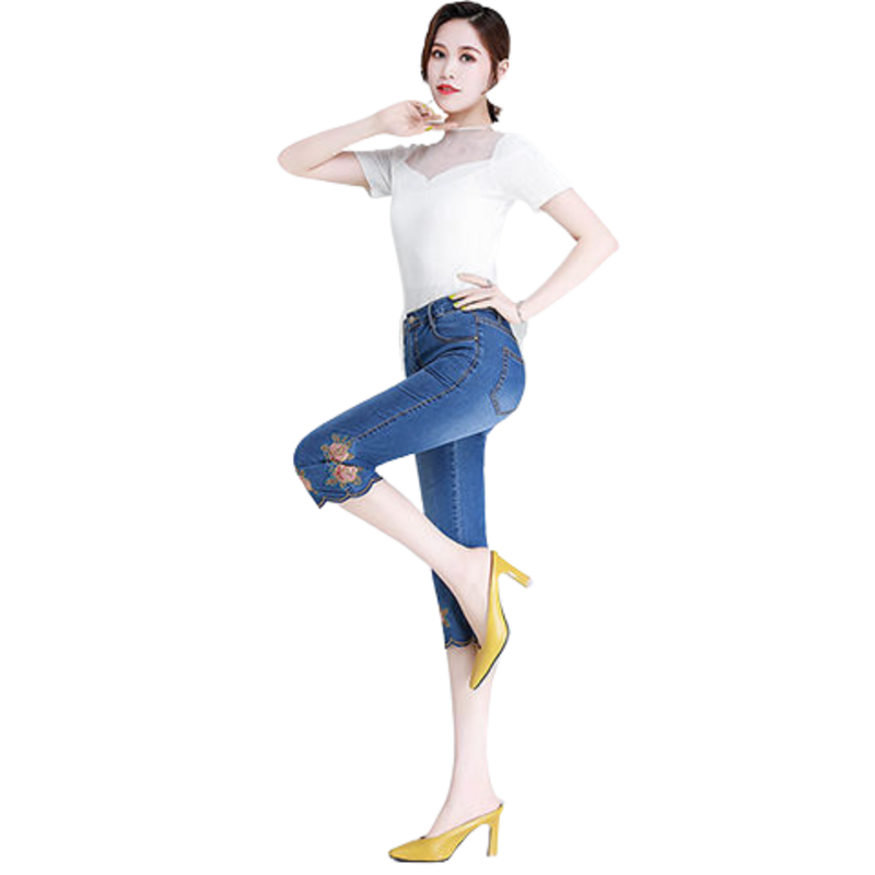 Jeans Elastis Wanita Musim Panas Capris Bordir Celana Jeans Skinny Ramping Pinggang Tinggi Musim Semi Celana Panjang Betis Kasual Bordir Wanita