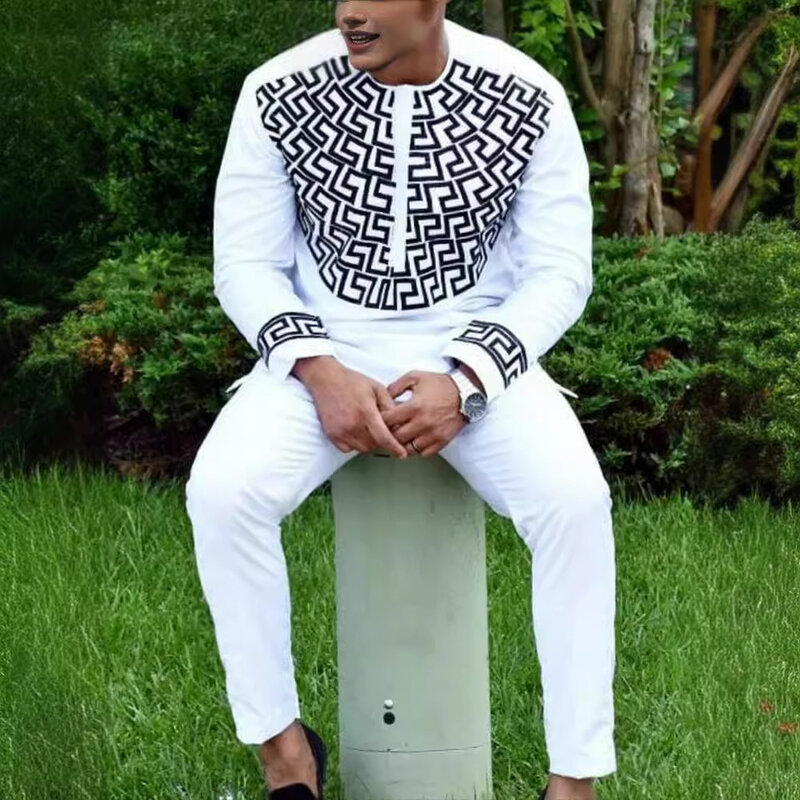Men's fashion casual white printed long sleeve two-piece set