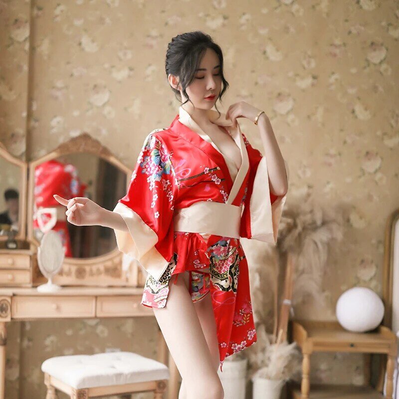 Халат-кимоно Женский Летний/осенний, пижама с поясом, в винтажном стиле, с принтом Geisha Passion