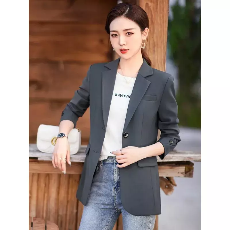 Blazer de botão único de manga comprida feminino, cinzento, cáqui, preto, monocromático, casaco fino, casaco casual