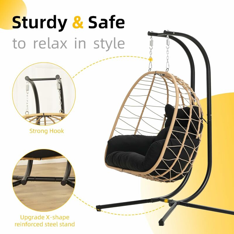 Double Indoor/Outdoor Wicker Swing Egg Chair Hammock Foldable Hanging Loveseat with Stand, UV Resistant Removable Cushions