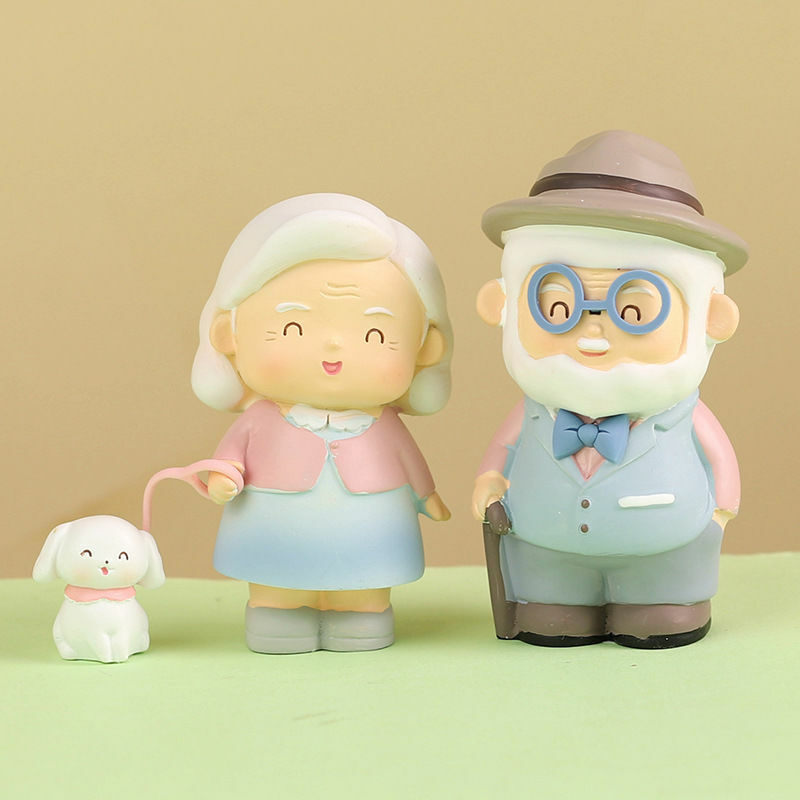 Mini figuras de abuela, abuelo, amantes dulces, pareja de personas mayores, coche, pastel, adorno de escritorio, figuritas en miniatura, decoración del hogar