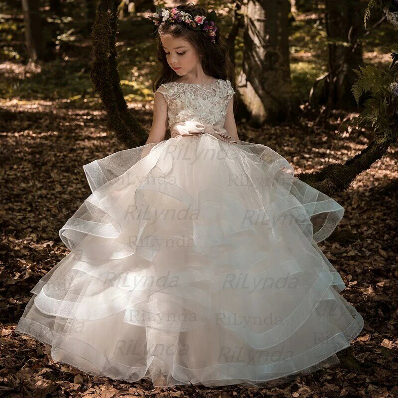 Gaun gadis bunga Tulle manik-manik applique gaun kontes untuk anak perempuan gaun Komuni Pertama gaun Prom anak-anak