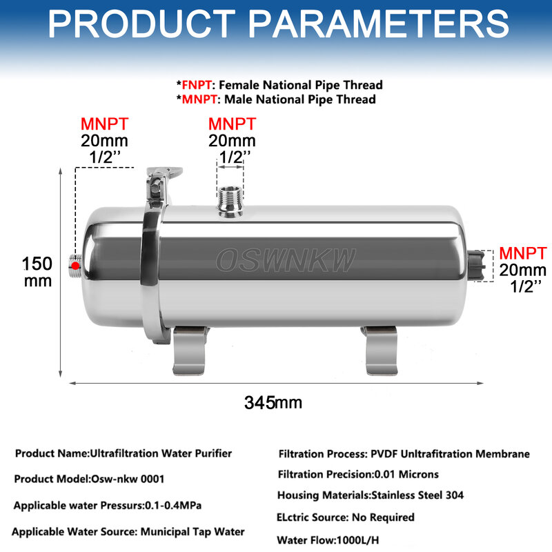 PVDF-purificador de agua para toda la casa, filtro de agua de 0.01um, 1000L/H, SUS304, agua potable que dura más de 5 años