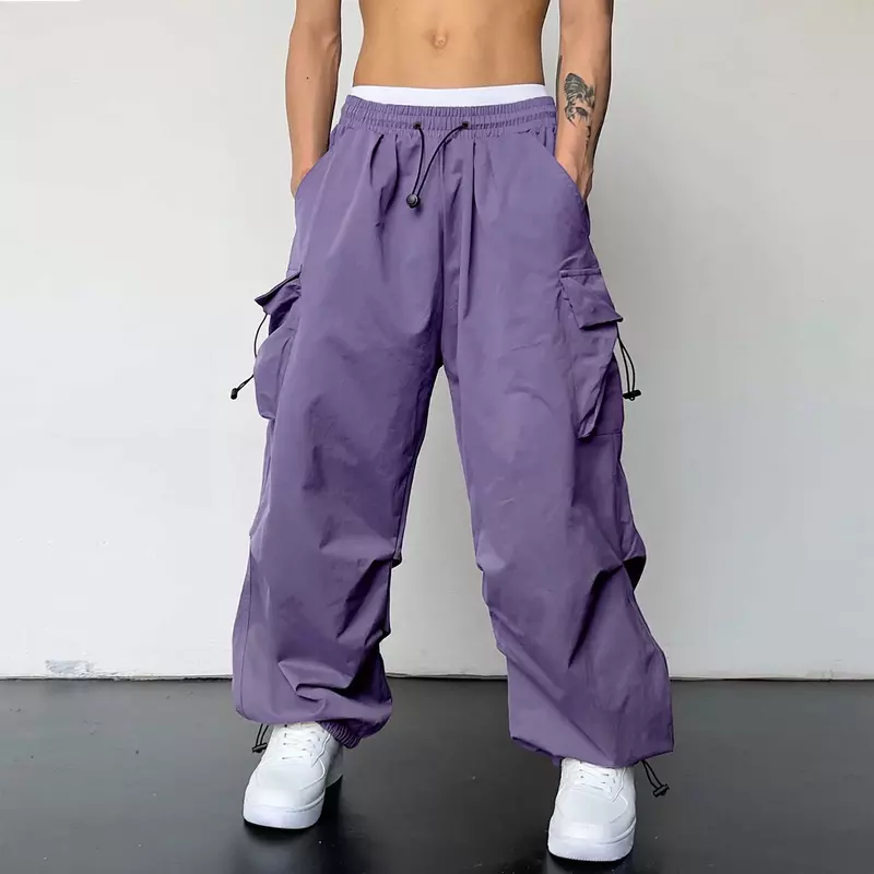 Men's Casual High Waist Solid Color Sports Trousers Multi Woven Pocket Foot Rope Pant Street Cargo Tie Men's Fashion Cargo Pants