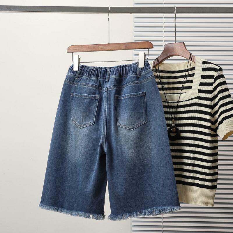Женские джинсовые шорты с бахромой, свободные джинсовые шорты до колена с широкими штанинами, модель Y2K в Корейском стиле на лето
