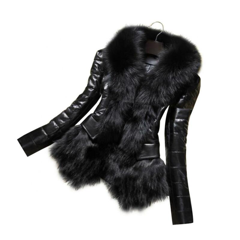 Skórzany płaszcz ze sztucznego futra damski kołnierz ze sztucznego futra oversize puszysta kurtka na co dzień czarny płaszcz zimowy luksusowy kurtki futrzane ze sztucznego królika
