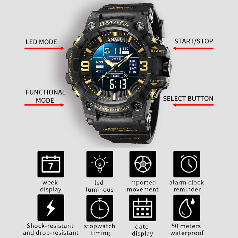 SAMEL-reloj Digital deportivo para hombre, cronógrafo de cuarzo con pantalla Dual, resistente al agua, estilo militar