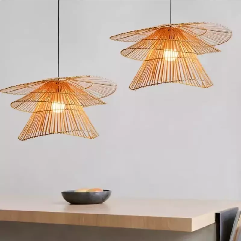 Lampu gantung rotan buatan tangan, lampu gantung rotan buatan tangan Modern Kreatif Multi Cerita restoran ruang tamu, perlengkapan pencahayaan anyaman bambu