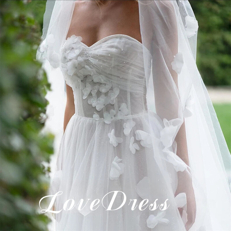 Vestido de novia de tul con lentejuelas y flores 3D, traje elegante de encaje con escote corazón, sin tirantes, línea A, largo hasta el suelo, espalda descubierta