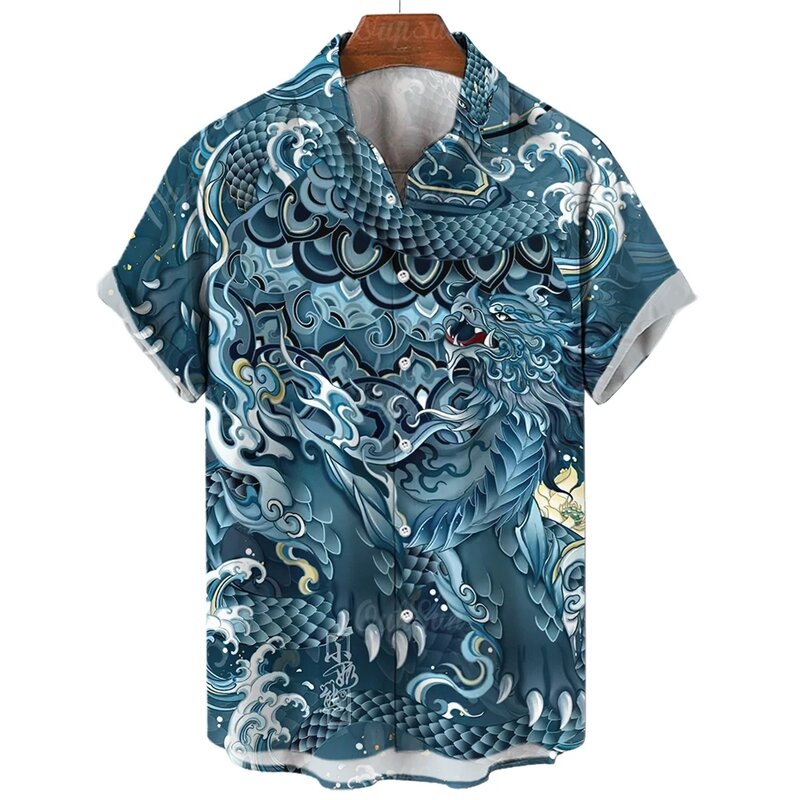 남성용 드래곤 하와이안 원피스 셔츠, 3D 프린트, 클래식 스타일, Y2k 빈티지 캐미사스, 남성 블라우스, 슬림핏, 여름 패션