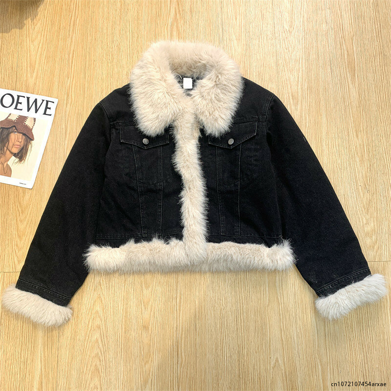 Autumn Winter Vintage Plush Turn Down Collar Warm Female Jean Jacket  Women Casual Loose Thick Coats Ladies Chic Streetwear