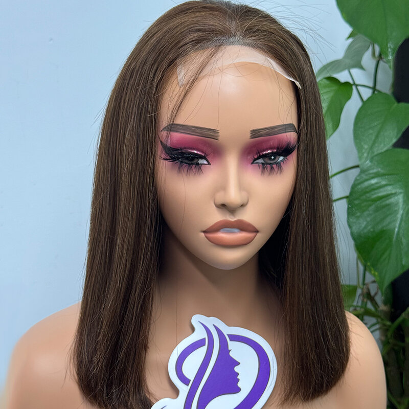 12A 4*4 Lace Closure Wig 200% Density Double Drawn Straight Bob Hair Wig Chocolate Brown Human Hair Wig 10-16 Inches