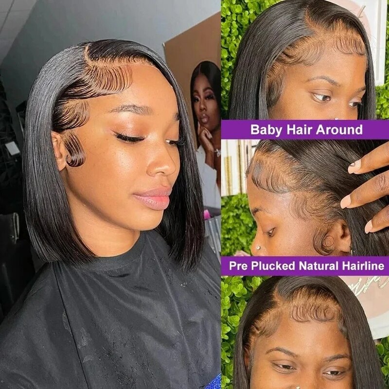 Pelucas de cabello humano brasileño Remy para mujeres negras, pelo corto recto Bob, 8 pulgadas, 13x4, precortado, frontal