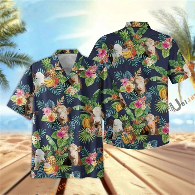 Kemeja bunga untuk pria Animel 3d kaus pantai pria, kemeja motif Hawaii lengan pendek 6xl modis