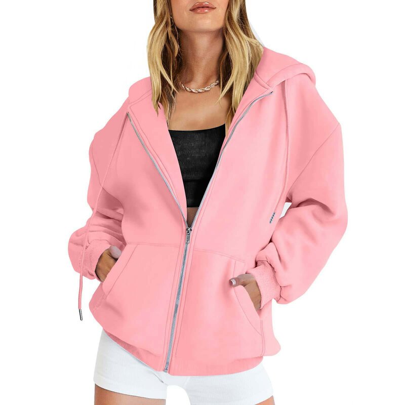 Fashion Women's Long Sleeve Full Zip Hooded Coat Top Solid Color Long Sleeve Loose Hooded Sweatshirt Zipper Jacket