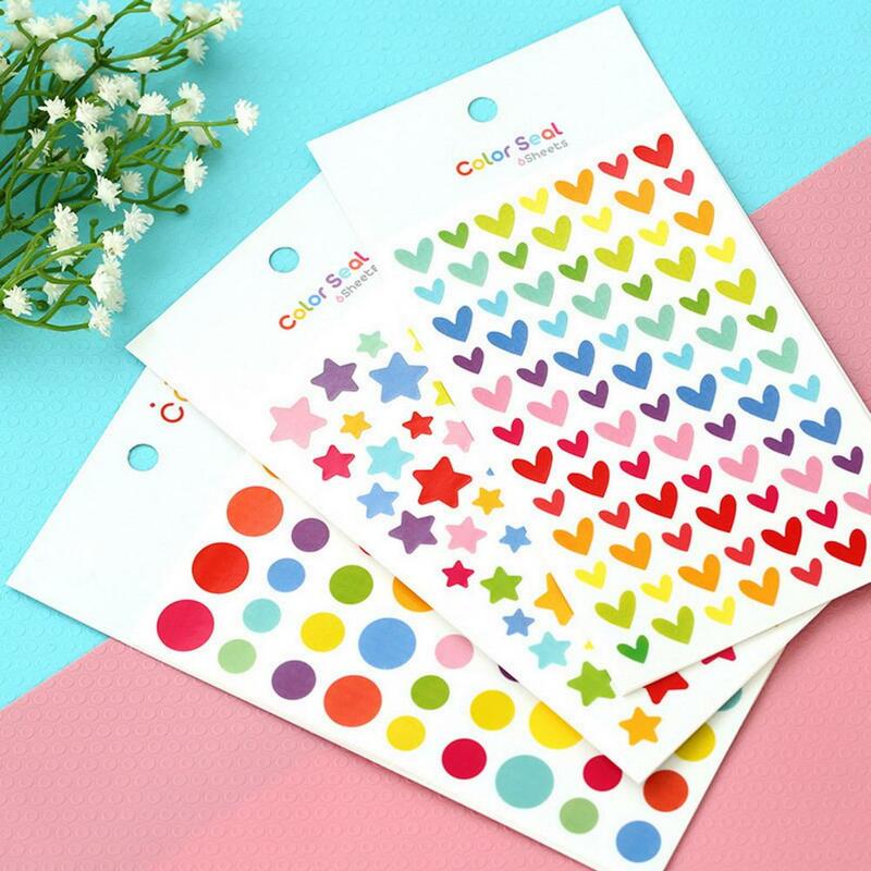 6 fogli adesivo fai da te personalizzato ornamentale Color arcobaleno fiore stella amore cuore forma rotonda Scrapbooking Sticker per manuale