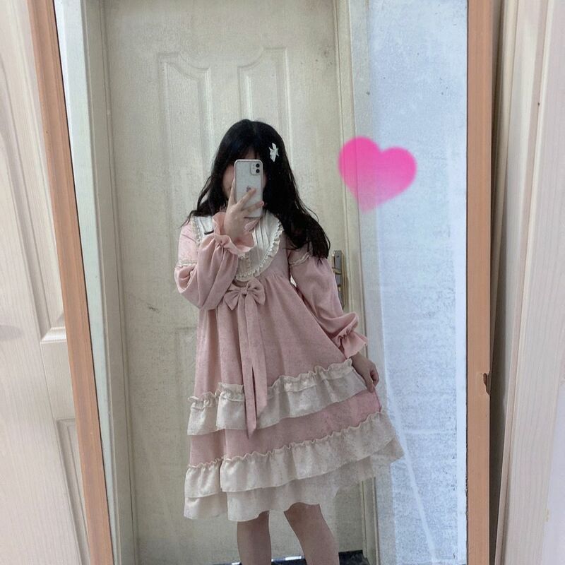 Japanese Kawaii Lolita OP Long Sleeve Dress Women Sweetheart Pink Print Party Mini Princess Dresses Harajuku Y2k Dresses