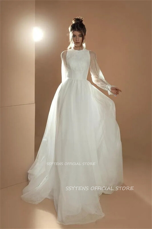 Модное свадебное платье с высоким воротником из тюля, женские свадебные платья, иллюзионные Свадебные платья с длинным рукавом, цельное пла
