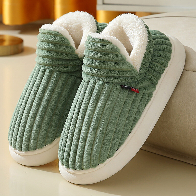 รองเท้าผ้าฝ้ายกันลื่นสำหรับผู้ชายในฤดูหนาวรองเท้าใส่ในบ้านสำหรับผู้หญิงสีพื้นนุ่มอุ่นสบาย