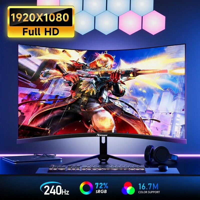 Monitor curvo para juegos FHD VA con luces arcoíris, frecuencia de actualización de 240Hz, cuidado ocular, pantalla de 1080P, FreeSync g-sync
