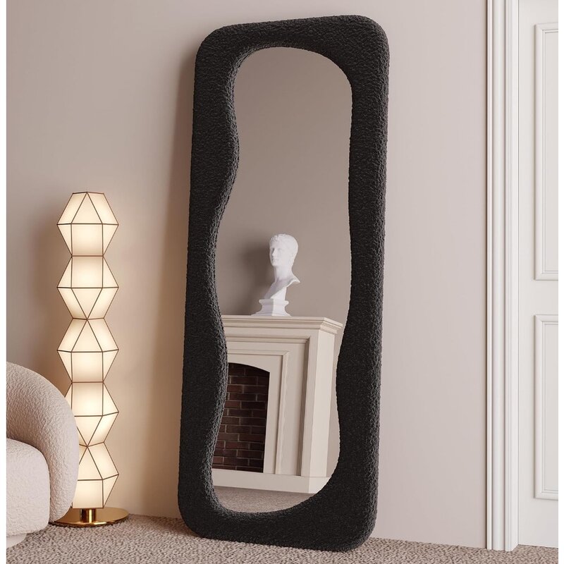 Полноразмерное зеркало, напольное зеркало с деревянной рамой и фланцевым покрытием, подходит для гардероба/спальни/гостиной, зеркало неправильной формы
