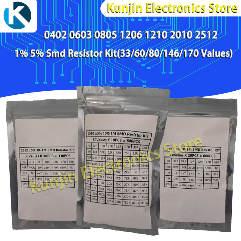 Kit de resistencias SMD, 0402,0603,0805,1206,1210,2512,0 ohm - 10M ohm,1%,5%, Kit surtido
