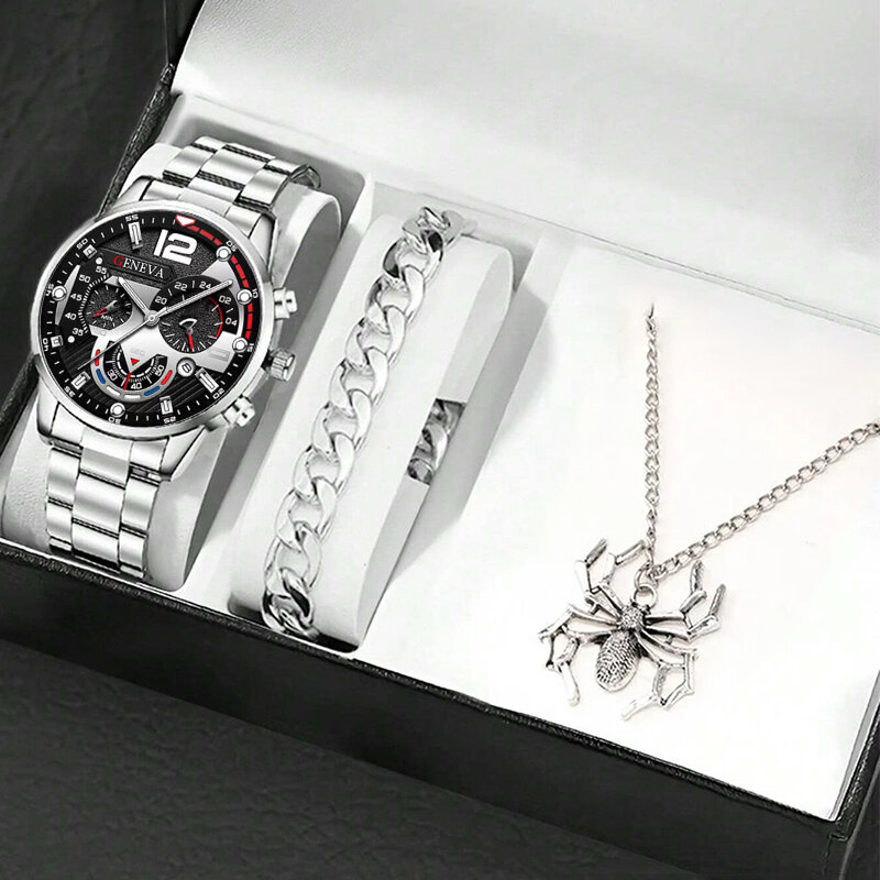 Jam tangan bisnis pria, 3 buah Set Fashion kasual gelang perak kalung baja tahan karat kuarsa