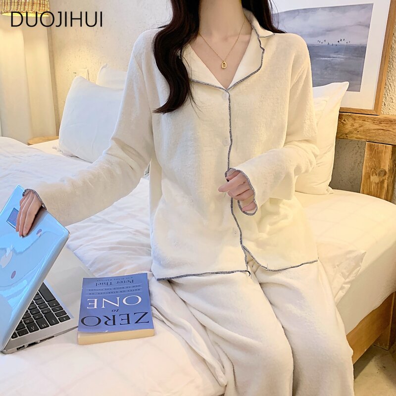 DUOJIHUI Spring Simple Sweet Casual Home Pajamas for Women New Basic Long Sleeve Cardigan Fashion Pant Loose Female Pajamas Set