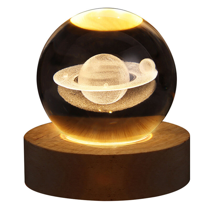 Sfera di cristallo a LED lampada a sfera di cristallo a luce notturna con sistema solare inciso in 3D sfera di cristallo con Base in legno regalo di ricarica USB per bambini