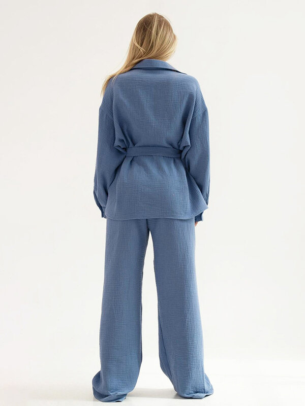 Marthaqiqi-algodão manga comprida camisola para mulheres, pijama com gola virada para baixo, calças de pijama com renda, conjunto de camisola