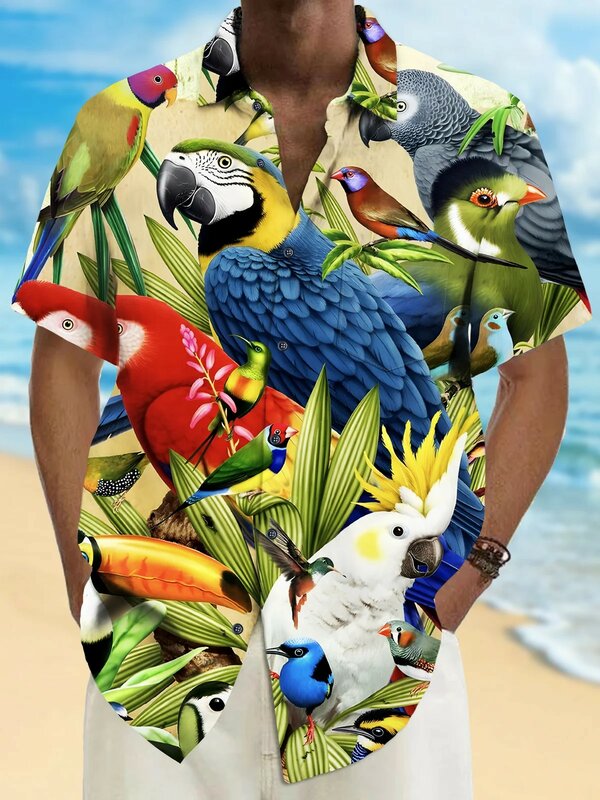 Kaus Hawaii pria, musim panas, atasan seni lengan pendek, berkancing warna-warni, kemeja pantai mode, kemeja liburan Harian