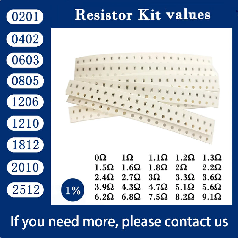 High Precision SMD Resistor Kit, Variedade de Resistência, 1% 10R-1M, 1 16W, 0,1 0,22 10 100 150 220 330 ohm, 0603,100 Pcs