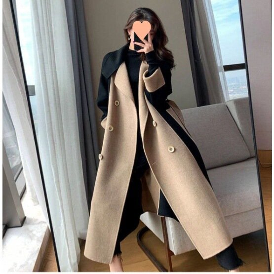 Mantel wol untuk wanita 2023 musim gugur musim dingin mode Korea Vintage mantel Chic lengan panjang longgar kerah turun jaket