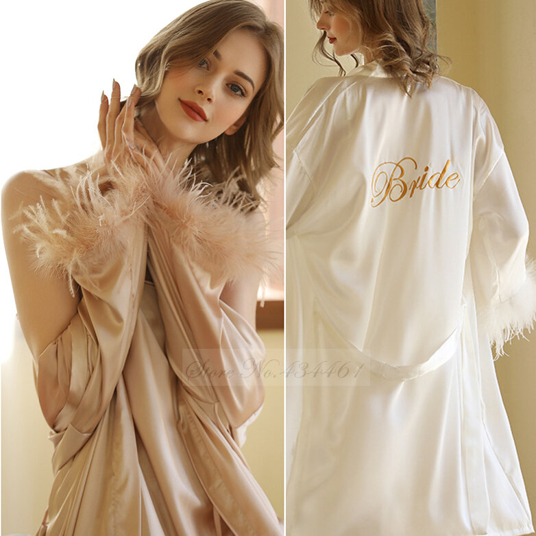 Luxury Exquisite Embroidery Wedding Robe Nightgown Bride Bridesmaid Feather Kimono Bathrobe Gown Sleepwear Loose Satin Home Wear