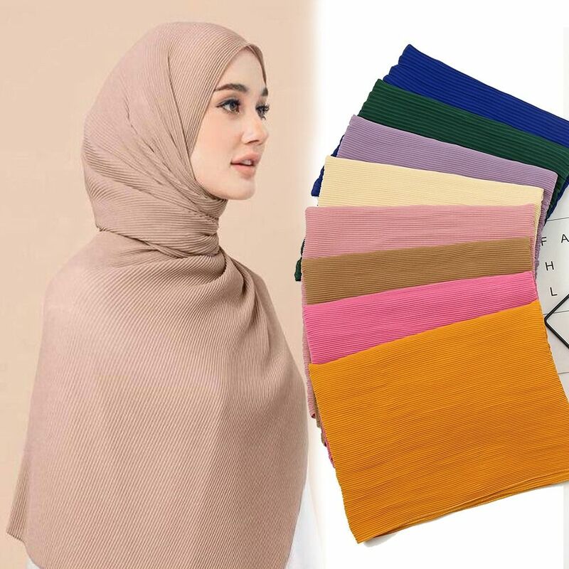 Lenço de cabeça retangular plissado para mulheres, lenços muçulmanos, turbantes macios, lenço chiffon, envoltório longo