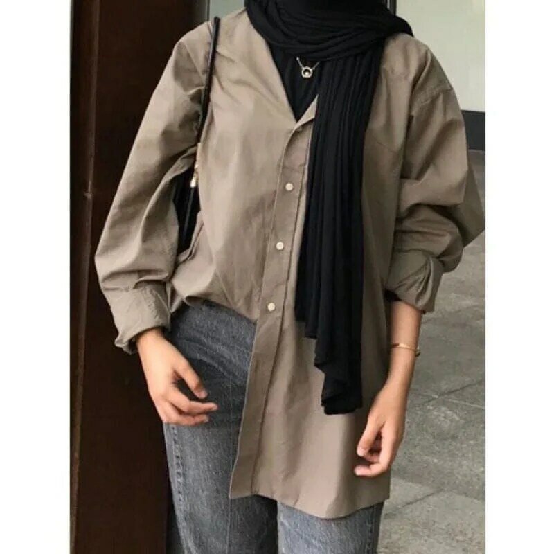 Dames Moslim Blouse Vintage Abayas Omlaag Kraag Lange Mouw Effen Single Breasted Losse Shirt Casual Islamitische Kleding Abaya
