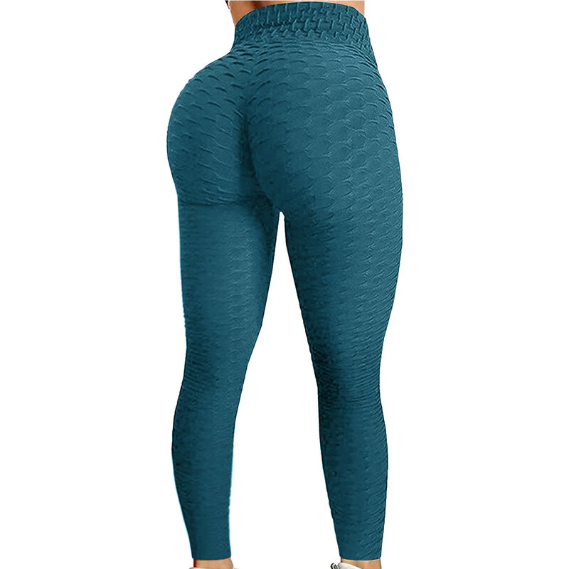 Celana Yoga wanita, Legging olahraga pinggang tinggi Seersucker, celana Yoga elastis