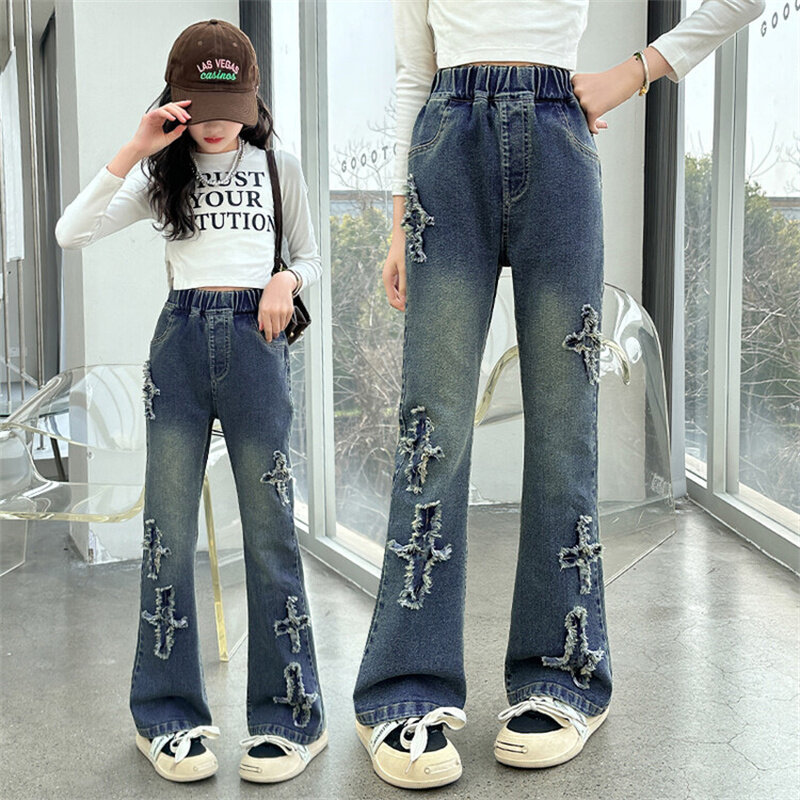 Girls' bell-bottoms 2024 new medium children Korean jeans Spring and autumn 6-15 years old youth