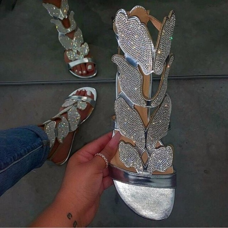Sandálias gladiador de cristal borboleta femininas, confortáveis sapatos de dedo aberto plus size, moda verão, 2023