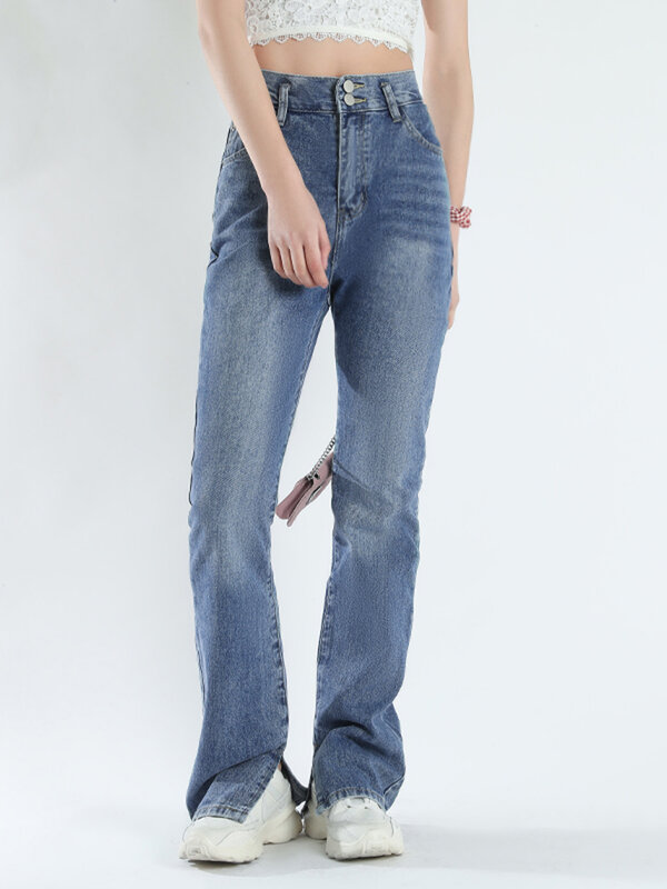 GOPLUS Jeans donna Jeans a vita alta Streetwear pantaloni in Denim blu chiaro pantaloni a zampa spaccati Vintage donna Pantalon coreano Femme