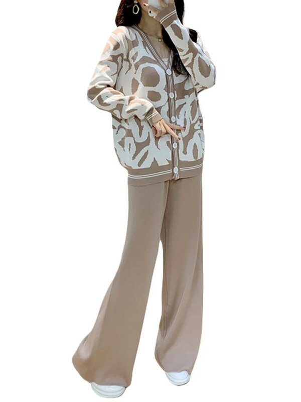 เสื้อสเวตเตอร์ผู้หญิงชุดลำลอง2ชิ้น, ชุดลำลองคอวีมีกระดุมเสื้อกันหนาวไหมพรมและกางเกงขาม้า