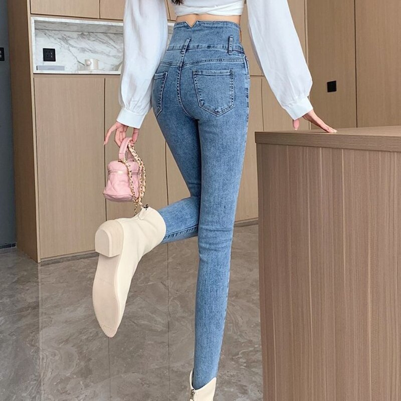 Calça jeans skinny de cintura alta feminina, calça lápis coreana, jeans casual, jeans chique, stretch, primavera, outono