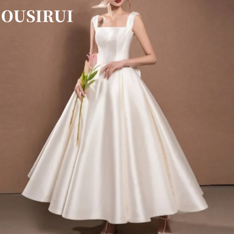 Prosta z wycięciem suknia balowa satynowa przyjęcie kobiety drugie wesele w stylu Vintage krótka długość herbaty suknie ślubne 2024