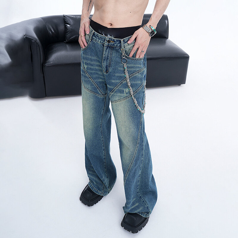 FEWQ celana jins lurus pria, celana Denim Bell-bottoms longgar potongan pendek, Jeans lurus desain Niche X9084 musim panas baru