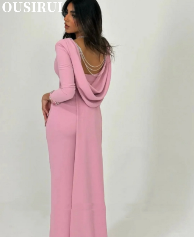 OUSIRUI Sexy Backless Women Elegant Formal Party Dress 2024 Pink Satin Evening Dresses Square Neck Ankle-Length فساتين السهرة