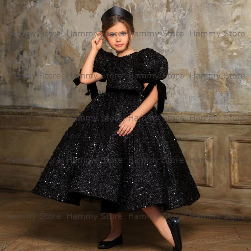 Bé Gái Công Chúa Váy Áo Cổ Tròn Tay Ngắn Lấp Lánh Sequin Một Dòng Trà Chiều Dài Đầu Tiên Hiệp Thông Váy Cưới Đầm Hoa Bé Gái