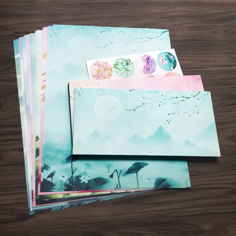Conjunto papel e envelopes carta estilo chinês 8x papel escrita com 4x envelopes N58E